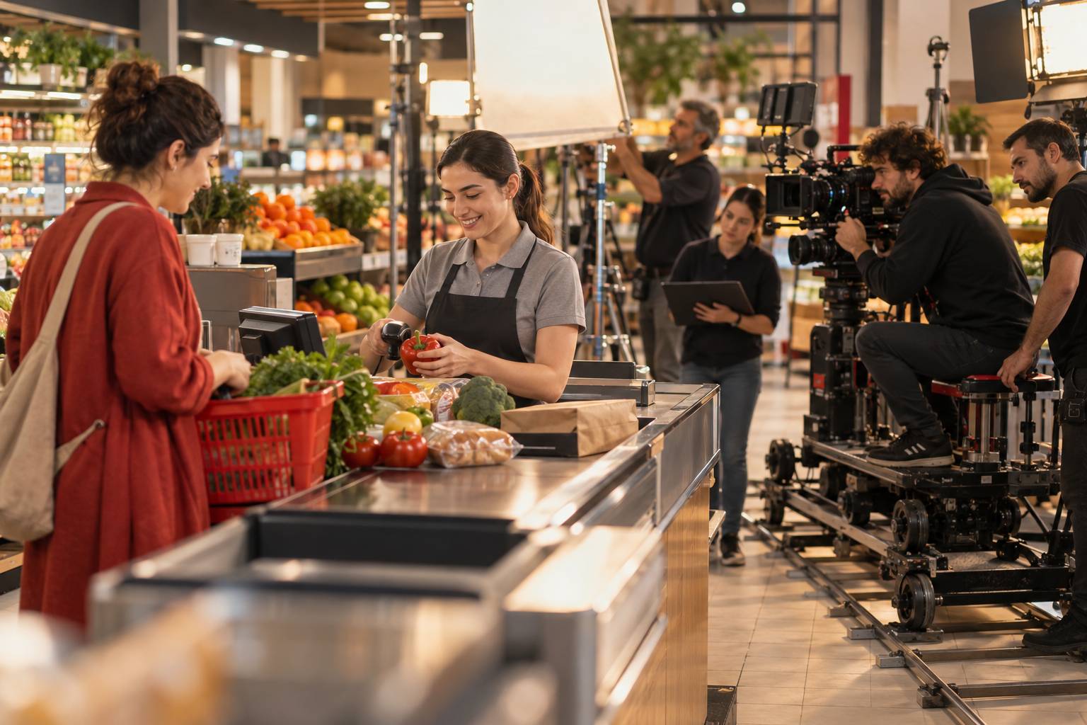Market zinciri reklamları için kasiyer ve müşteri başvurusu